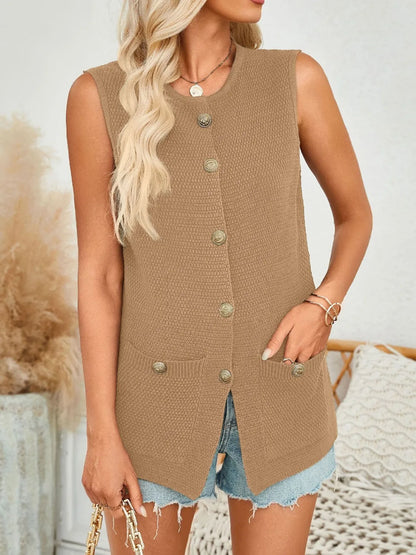Button Down Round Neck Knit Vest - adritiX