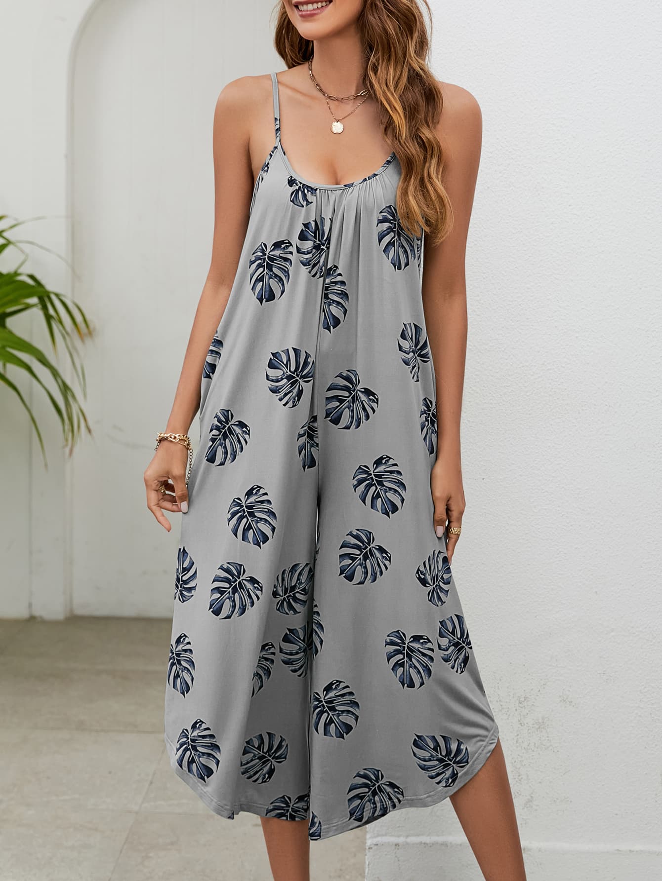 Elegant Botanical Print Spaghetti Strap Scoop Neck Jumpsuit - adritiX
