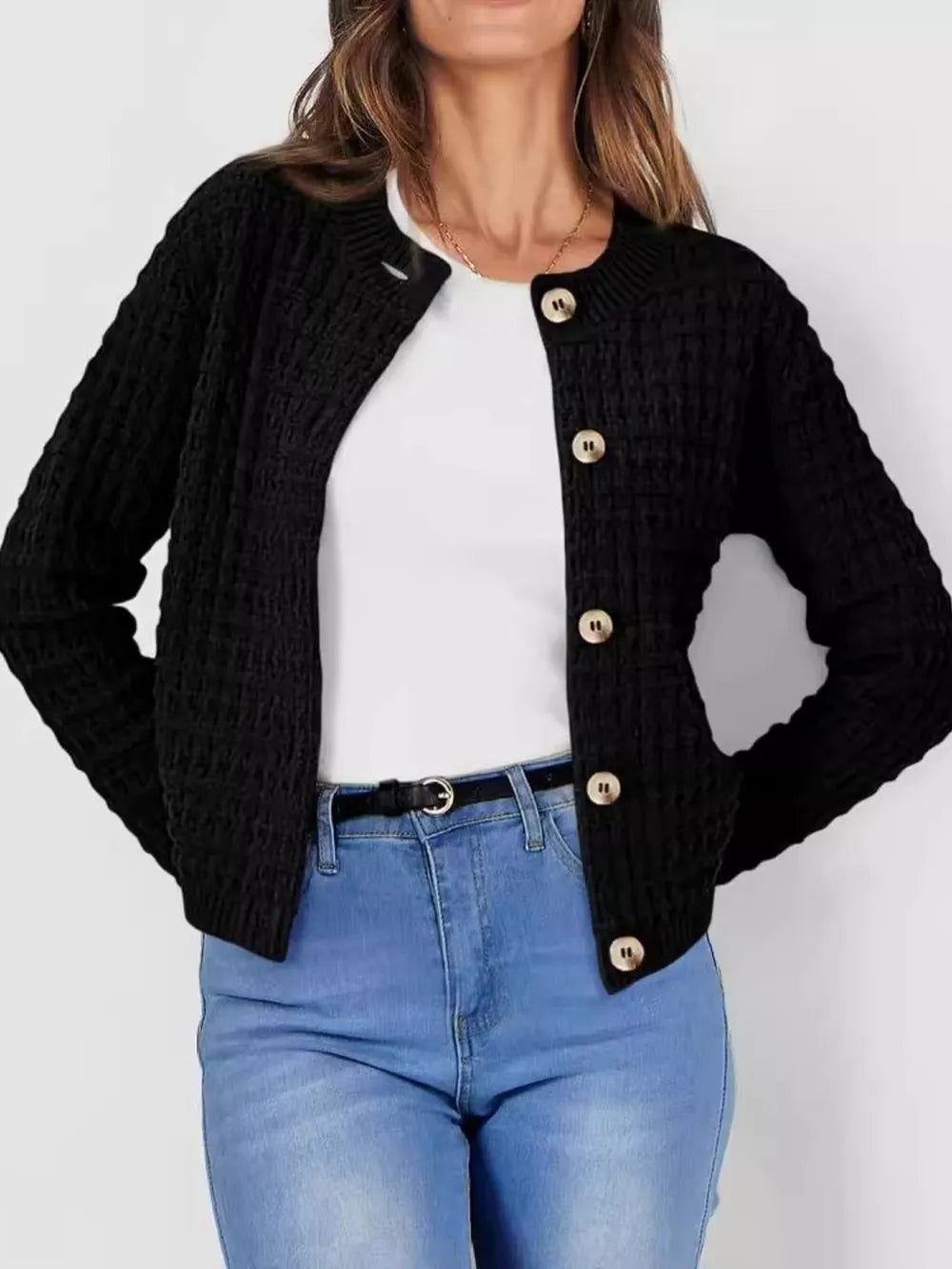 Button Up Round Neck Long Sleeve Cardigan - adritiX