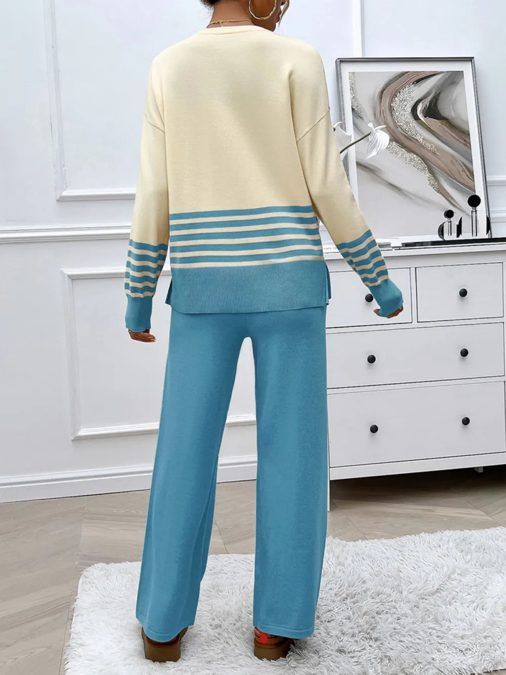 Elegant Devine Slit Striped Round Neck Top and Pants Sweater Set - adritiX