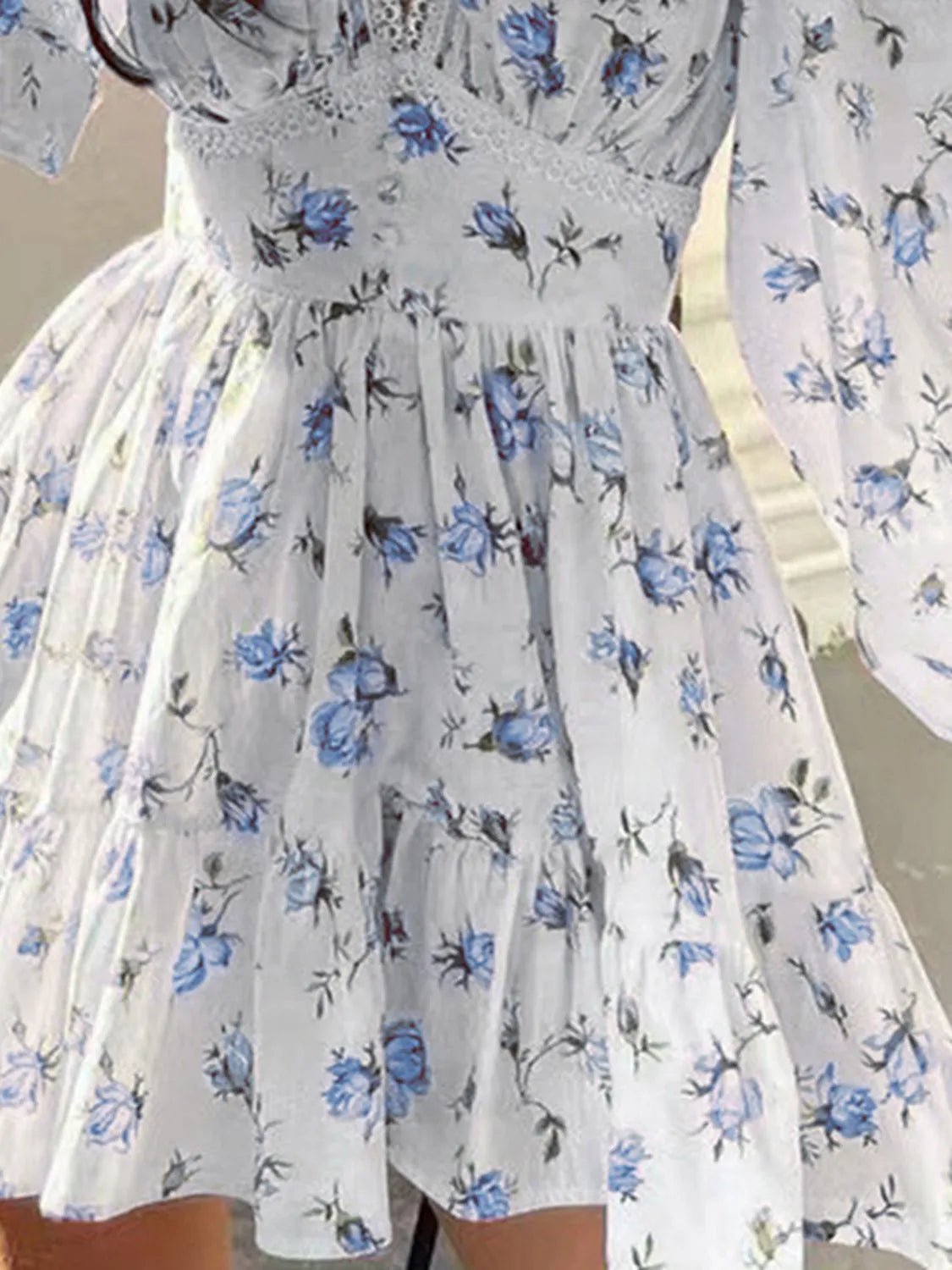 Lace Detail V-Neck Balloon Sleeve Dress - adritiX