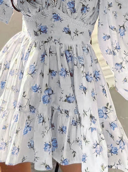 Lace Detail V-Neck Balloon Sleeve Dress - adritiX