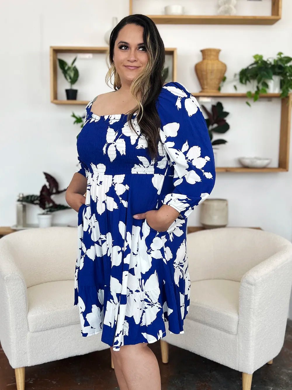 Double Take Full Size Floral Ruffle Hem Smocked Dress with Pockets - adritiX