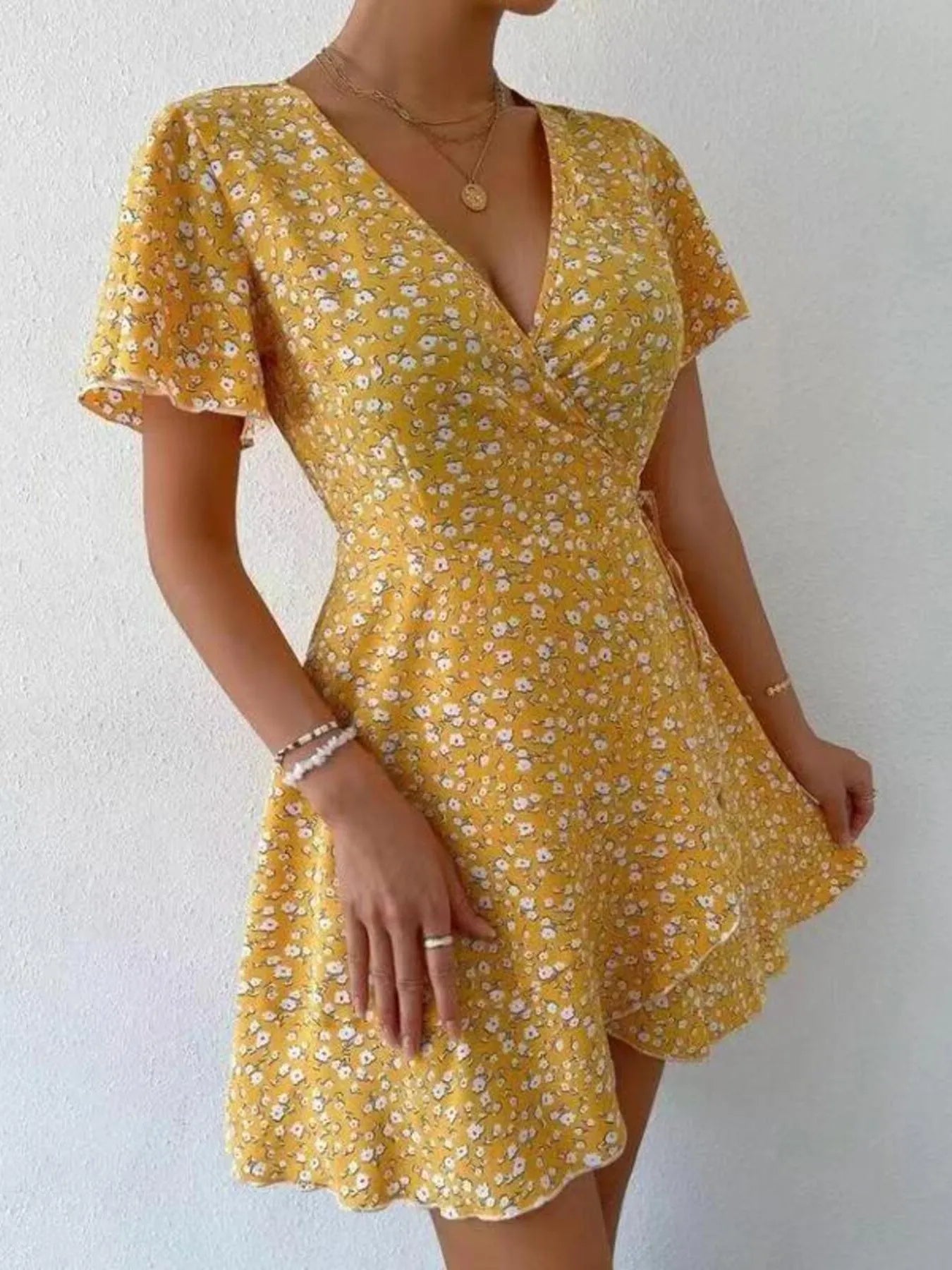 Floral Flutter Sleeve Wrap Mini Dress - adritiX