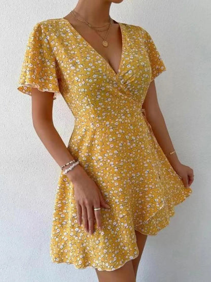 Floral Flutter Sleeve Wrap Mini Dress - adritiX