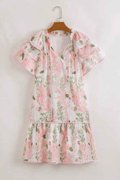Floral Contrast Edge Layered Short Sleeve Mini Dress - adritiX