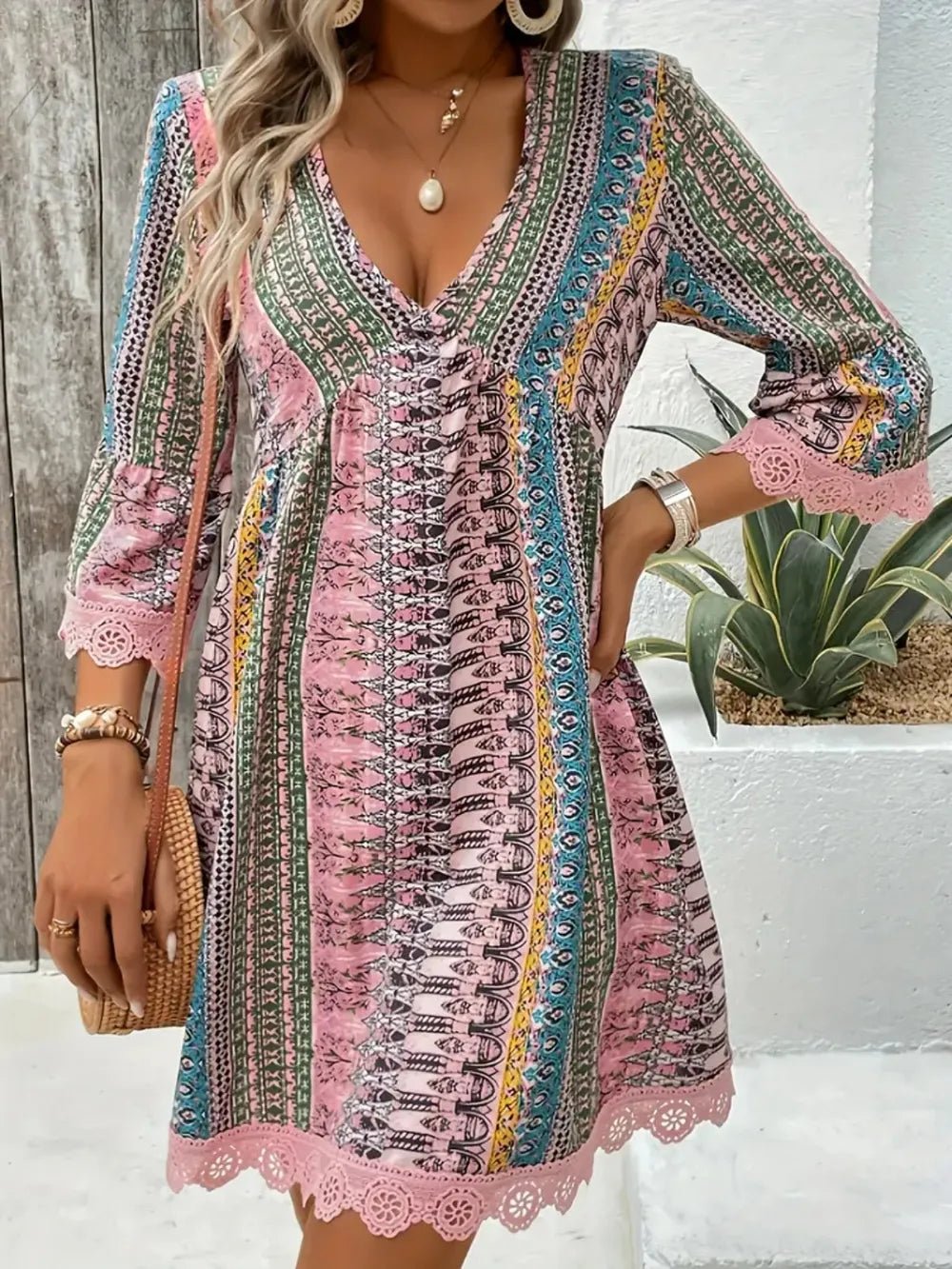 Elegant Lace Trim Printed V-Neck 3/4 Sleeve Dress - adritiX