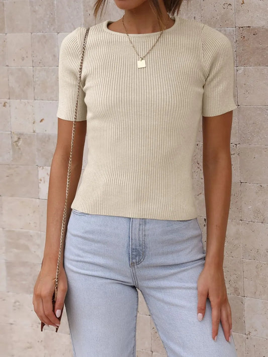 Round Neck Short Sleeve Knit Top - adritiX