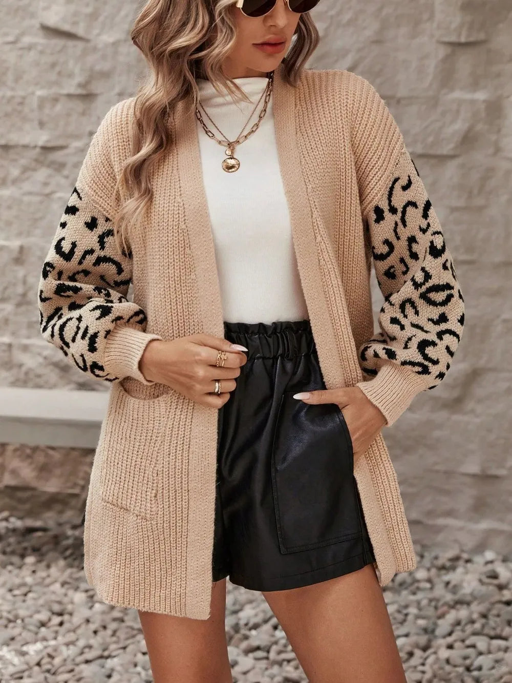 Pocketed Leopard Open Front Cardigan - adritiX