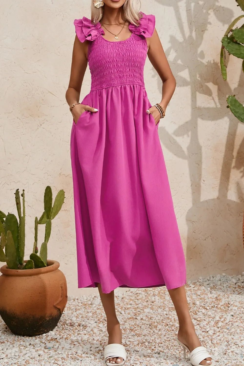 Solid Color Ruffled Straps Smocked Ruched Maxi Dress - adritiX