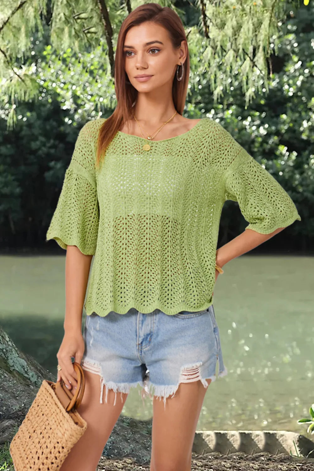 Openwork Round Neck Half Sleeve Knit Top - adritiX