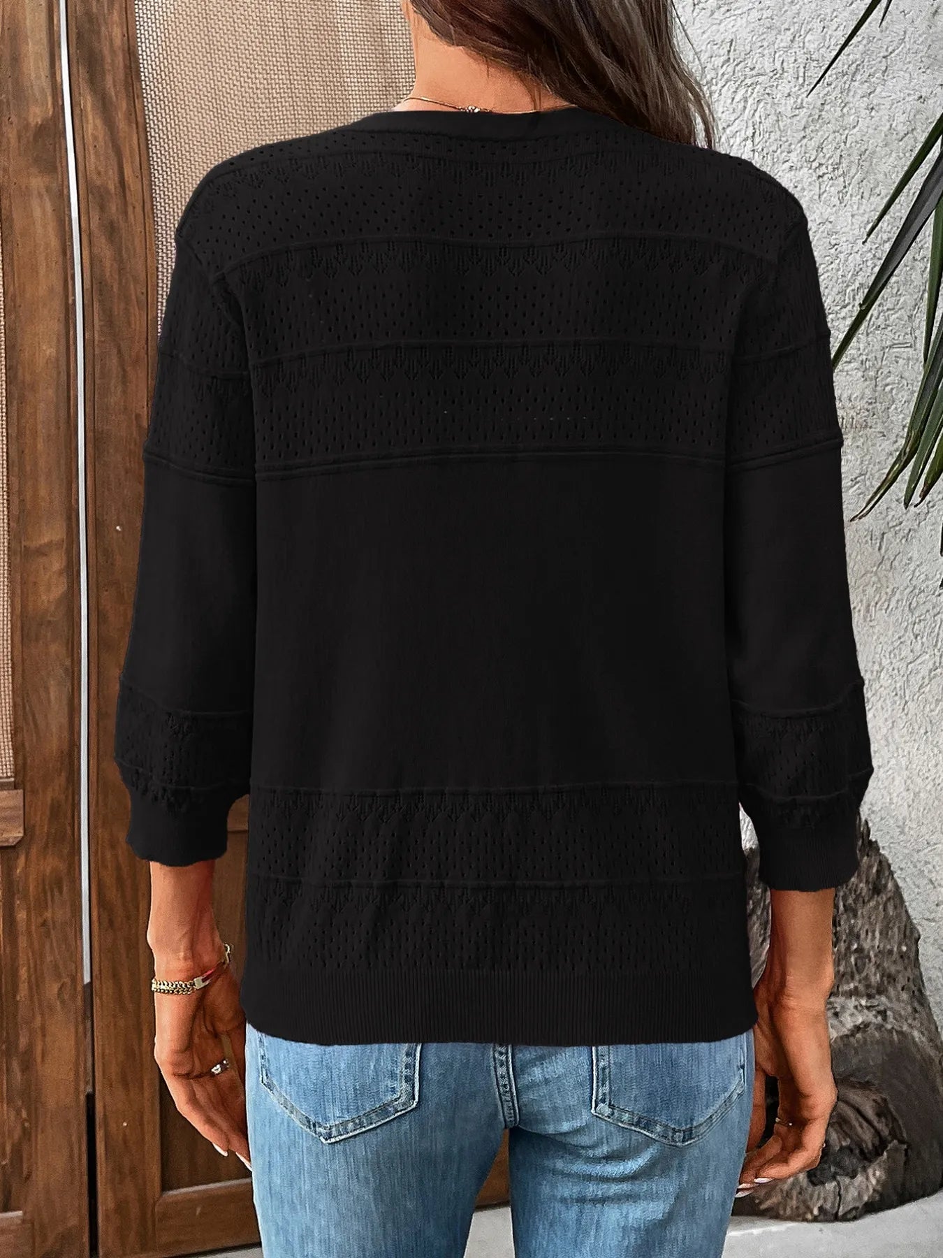 Textured Button-Front Cardigan with 3/4 Sleeves - adritiX