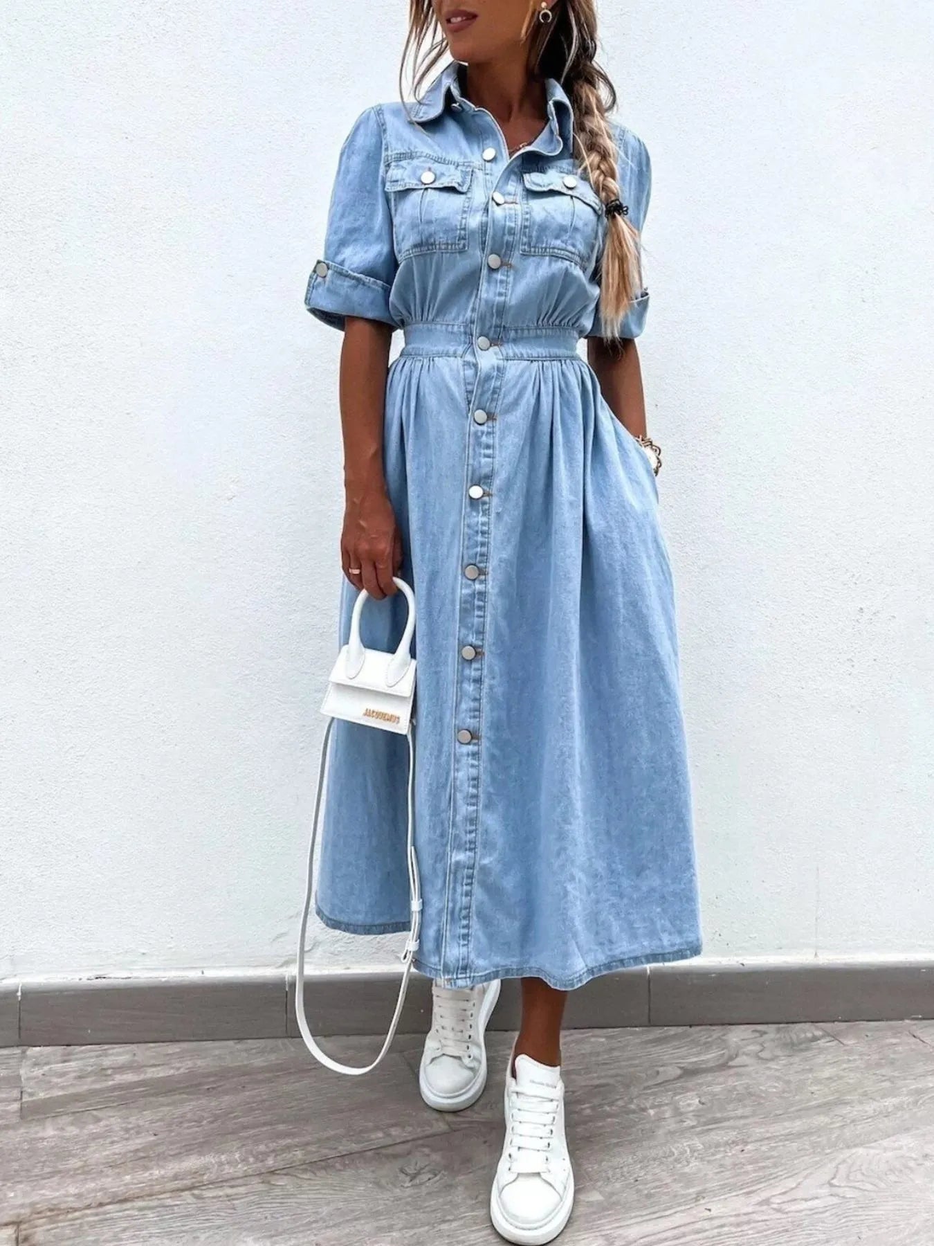Full Size Button Down Roll-Up Sleeve Denim Shirt Dress Plus Size - adritiX