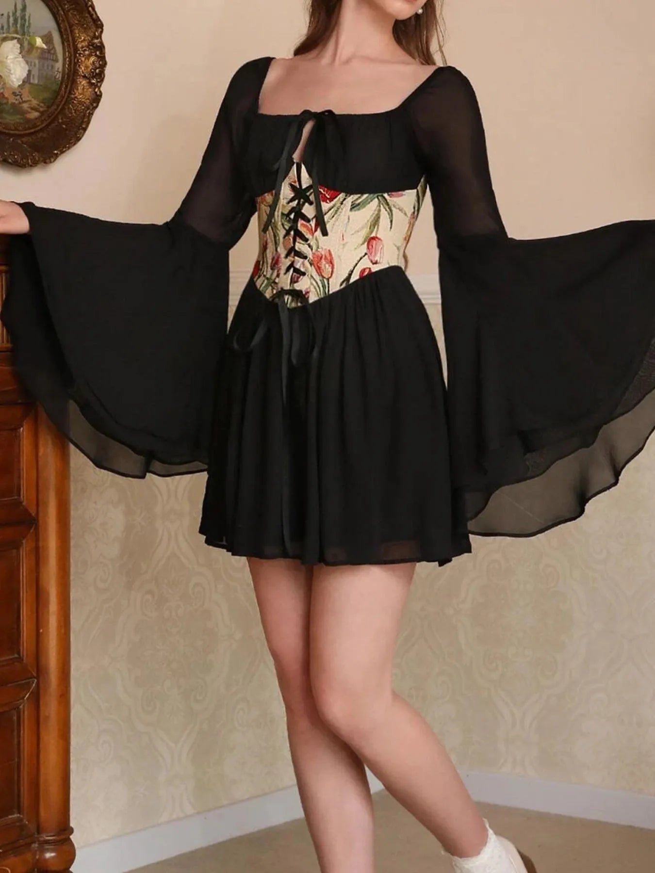 Floral Lace Up Long Sleeve Mini Dress - adritiX