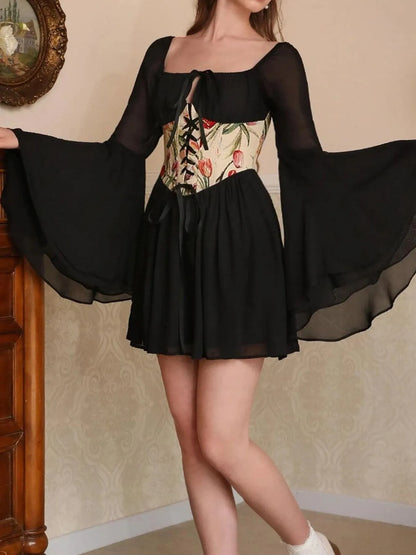 Floral Lace Up Long Sleeve Mini Dress - adritiX