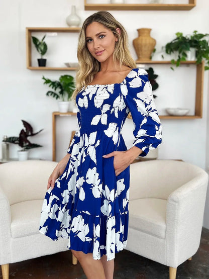 Double Take Full Size Floral Ruffle Hem Smocked Dress with Pockets - adritiX
