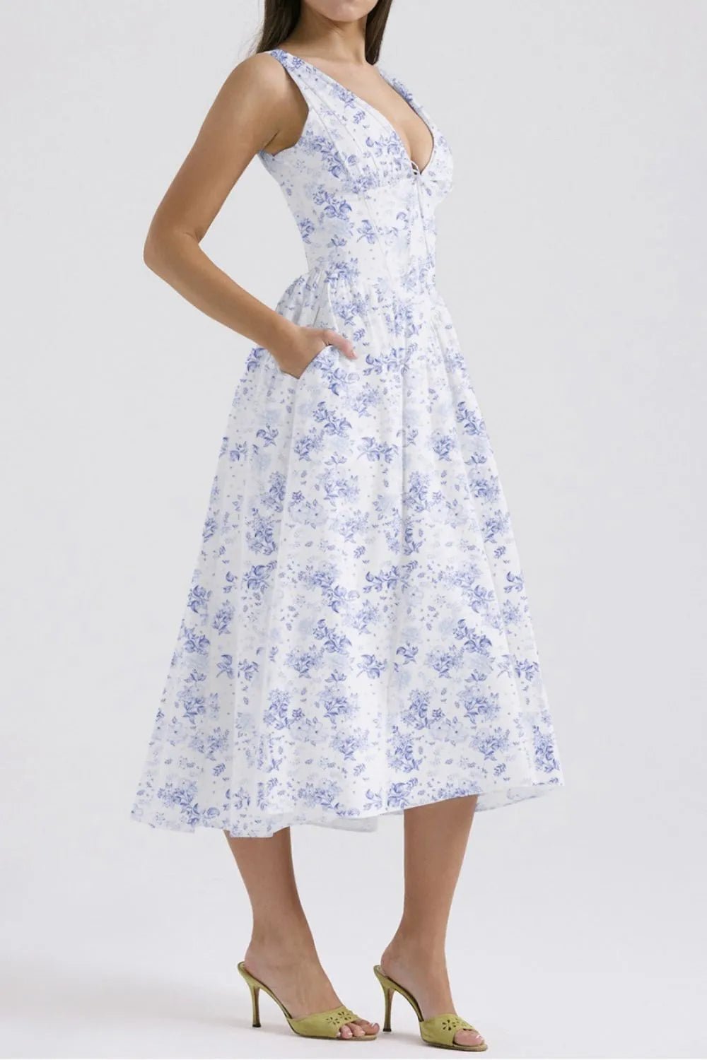 Floral V-Neck Sleeveless Midi Dress with Pockets - adritiX