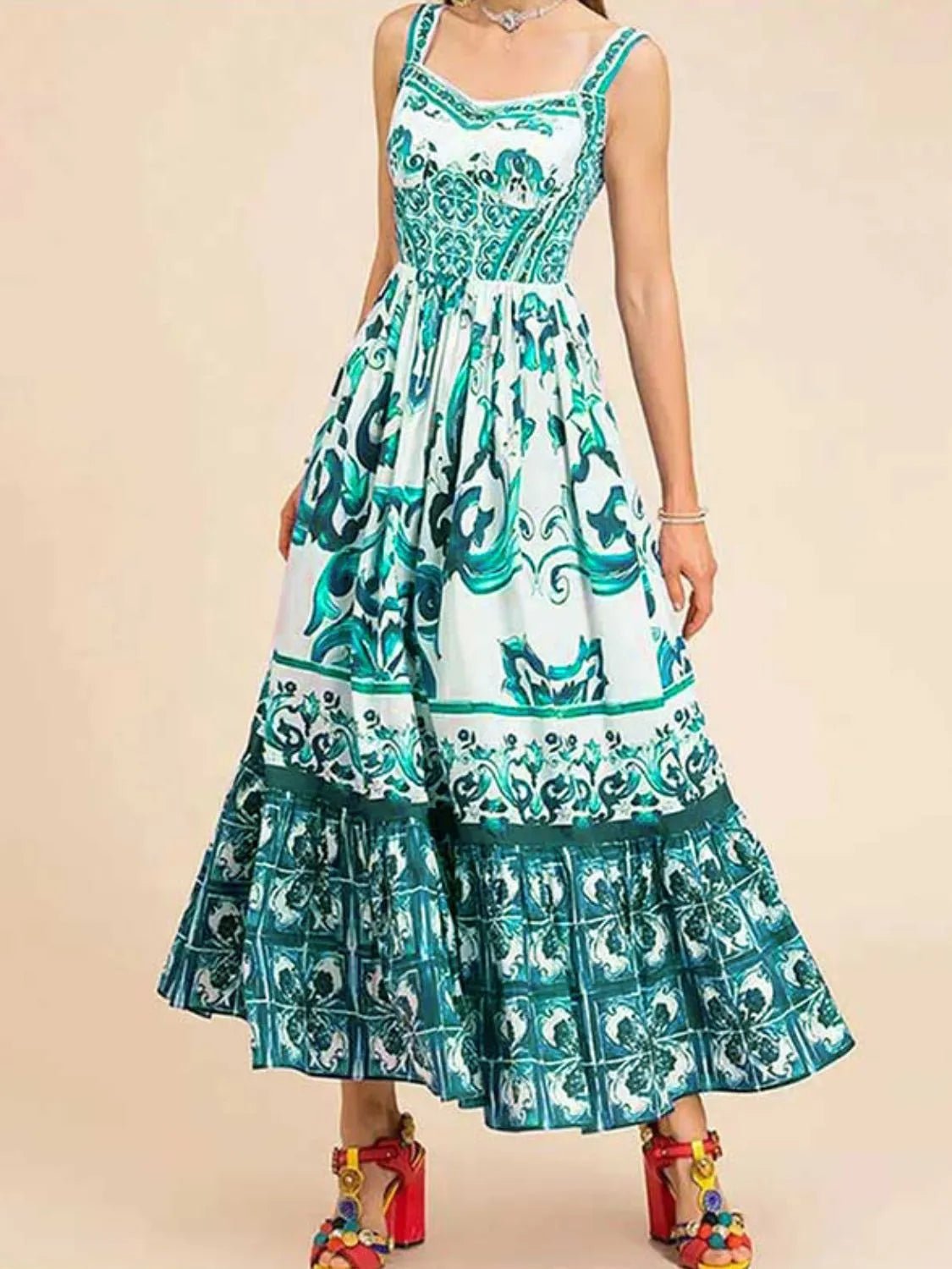 Smocked Printed Wide Strap Dress - adritiX