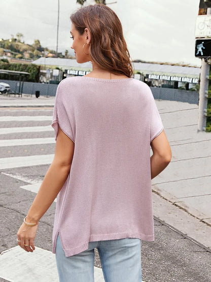 Notched Short Sleeve Knit Top - adritiX