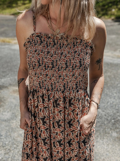 Printed Smocked Bodice Maxi Dress - adritiX