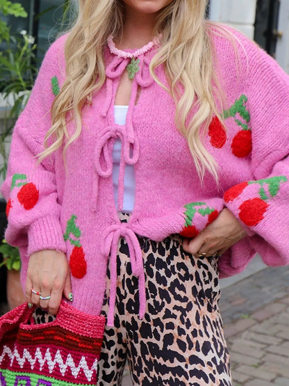 Tied Cherry Round Neck Long Sleeve Cardigan - adritiX