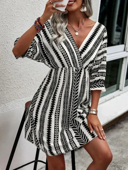 Geometric Print V-Neck Mini Dress - adritiX