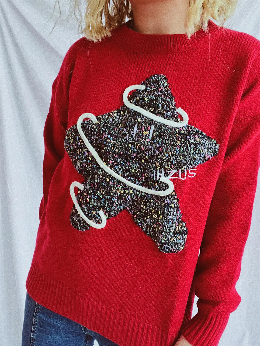 Contrast Star Round Neck Long Sleeve Sweater - adritiX