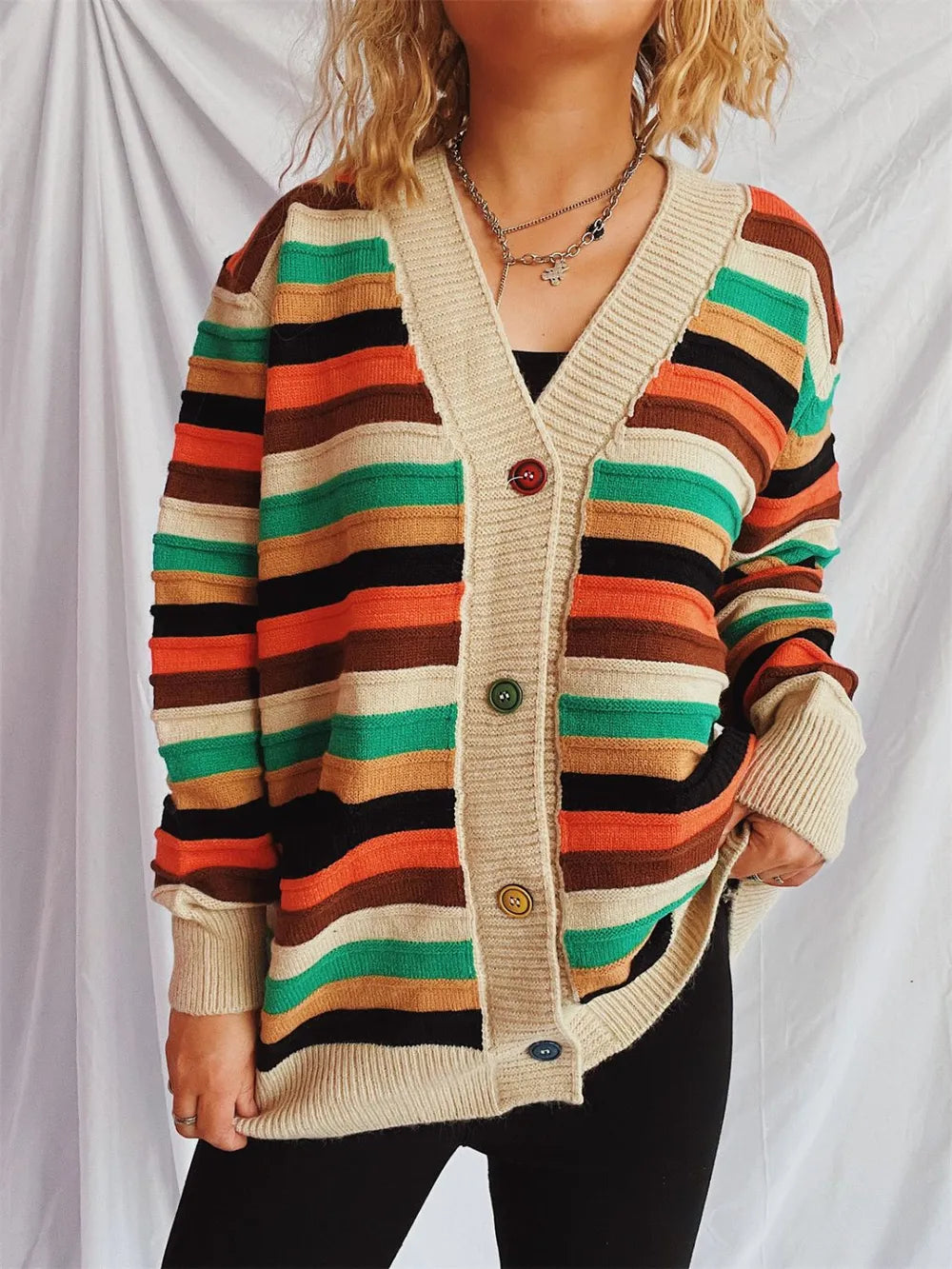 Contrast Stripes Button Up Long Sleeve Cardigan - adritiX