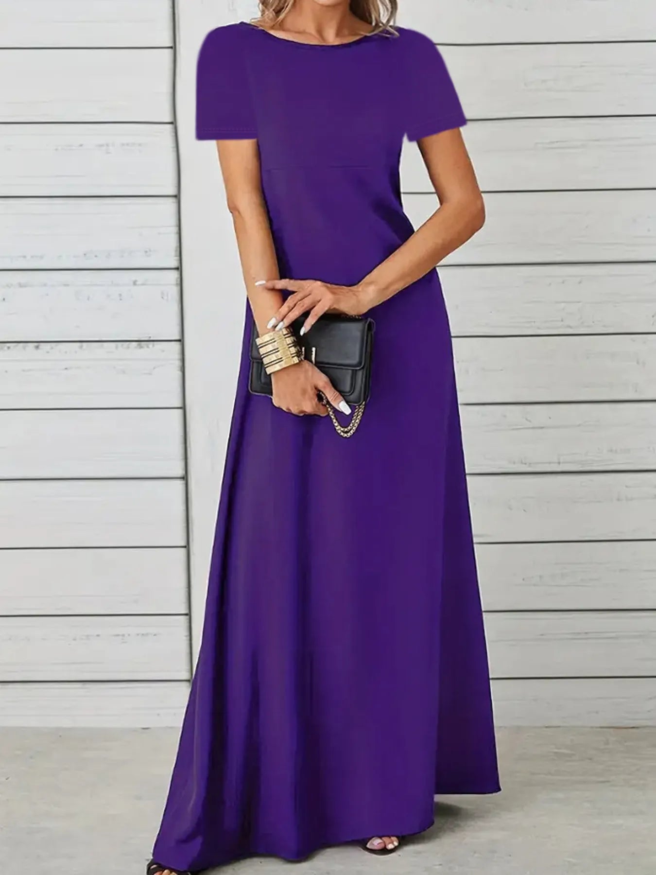 Full Size Round Neck Short Sleeve A-Line Maxi Dress Plus Size - adritiX