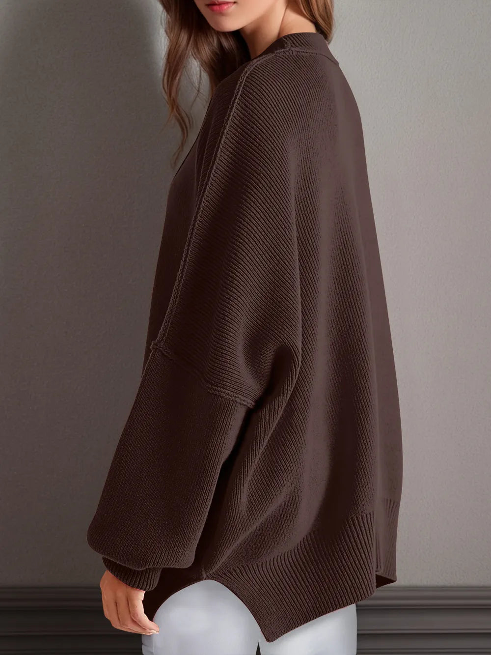 Double Take Side Slit Round Neck Long Sleeve Sweater - adritiX