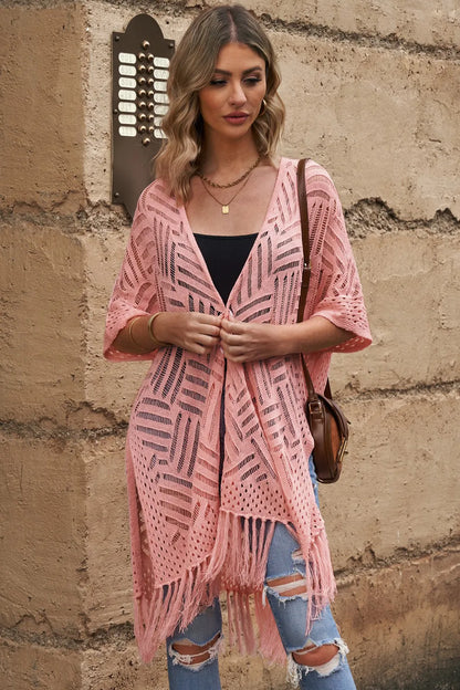 Openwork Open Front Cardigan with Fringes - adritiX