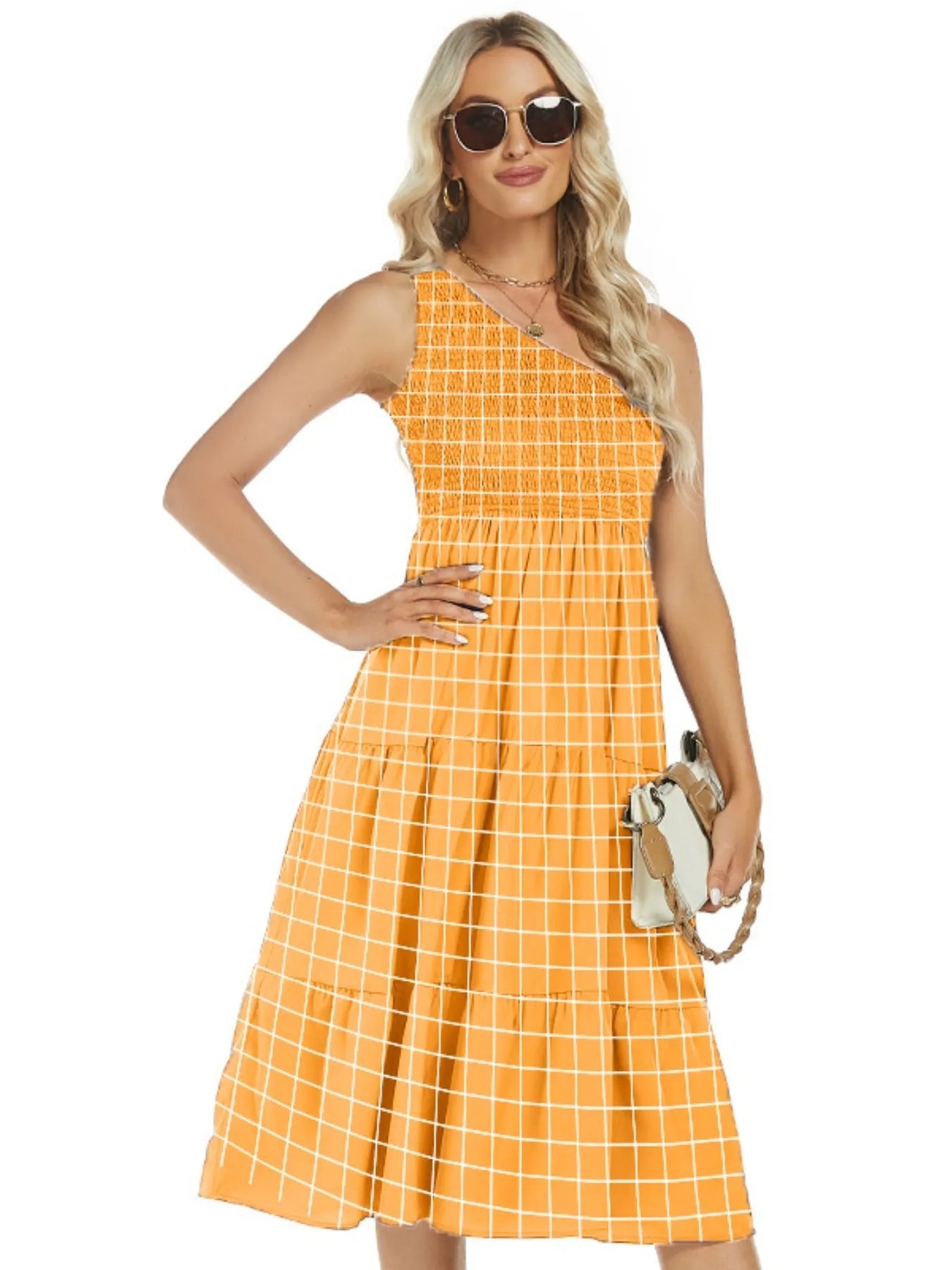 One-Shoulder Tiered Midi Dress with Smocked Bodice - adritiX