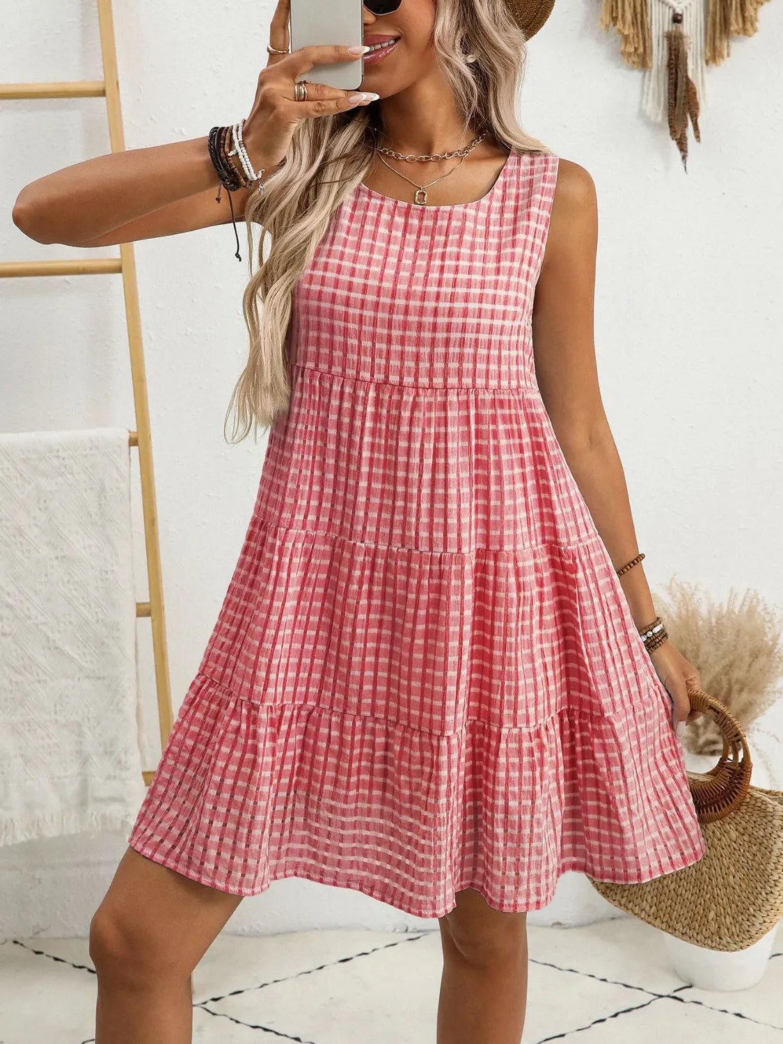 Plaid Round Neck Sleeveless Mini Dress - adritiX