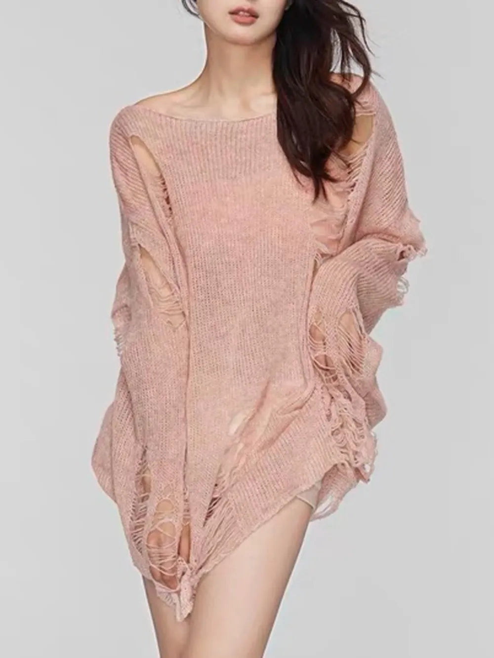 Distressed Boat Neck Knit Cover Up - adritiX
