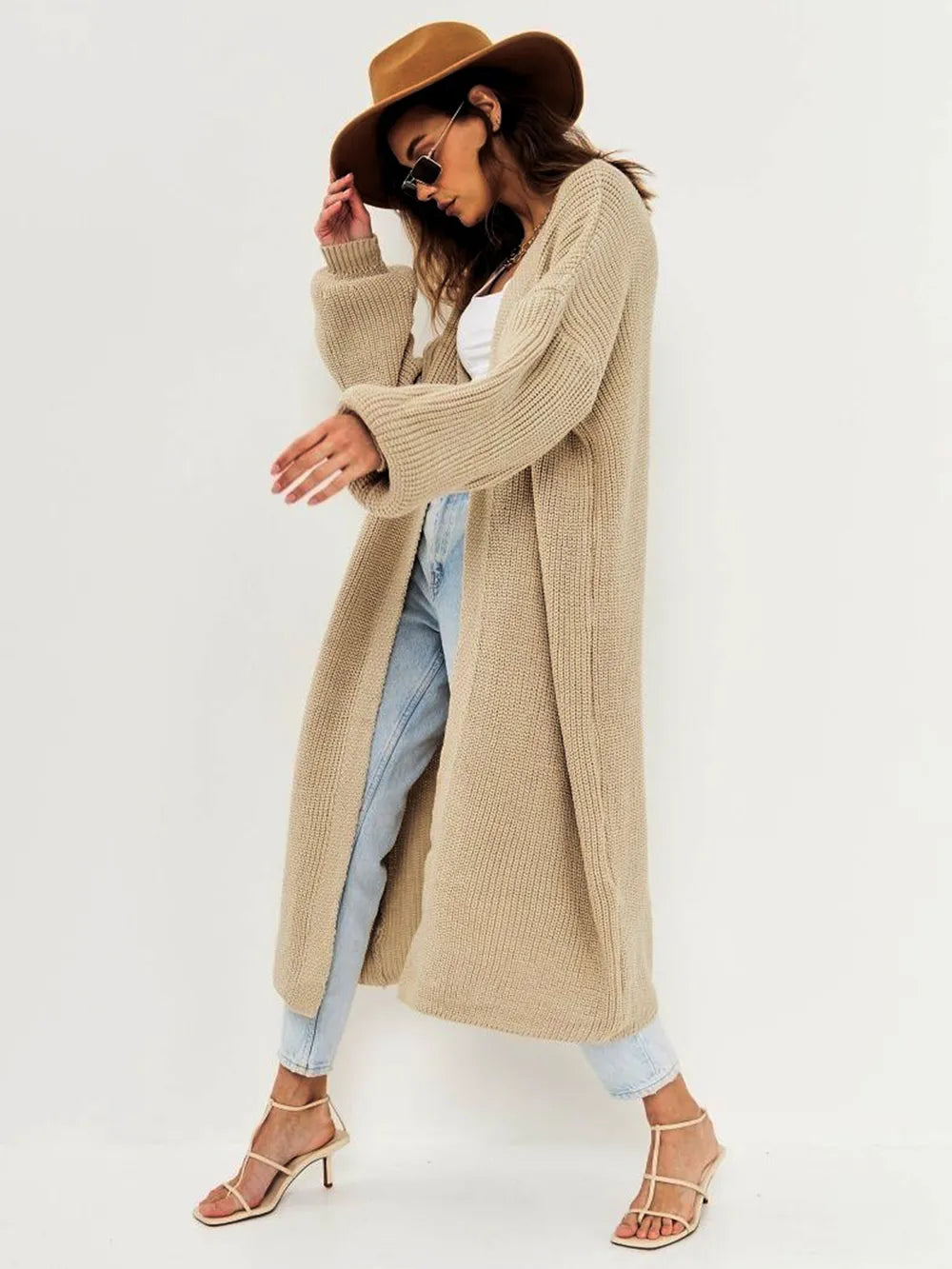 Open Front Long Sleeve Longline Cardigan - adritiX