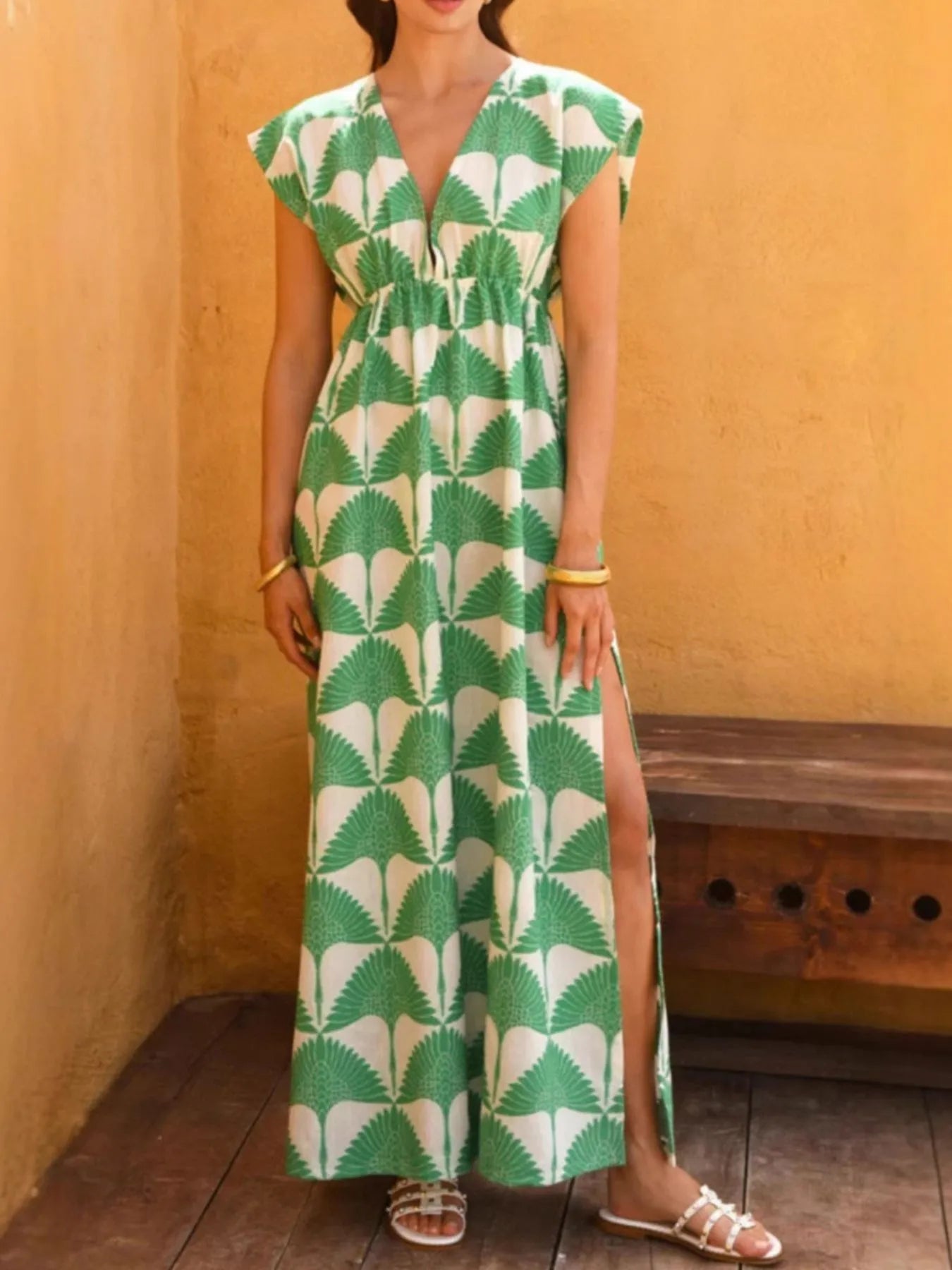 Elegant Slit Printed V-Neck Cap Sleeve Maxi Dress - adritiX