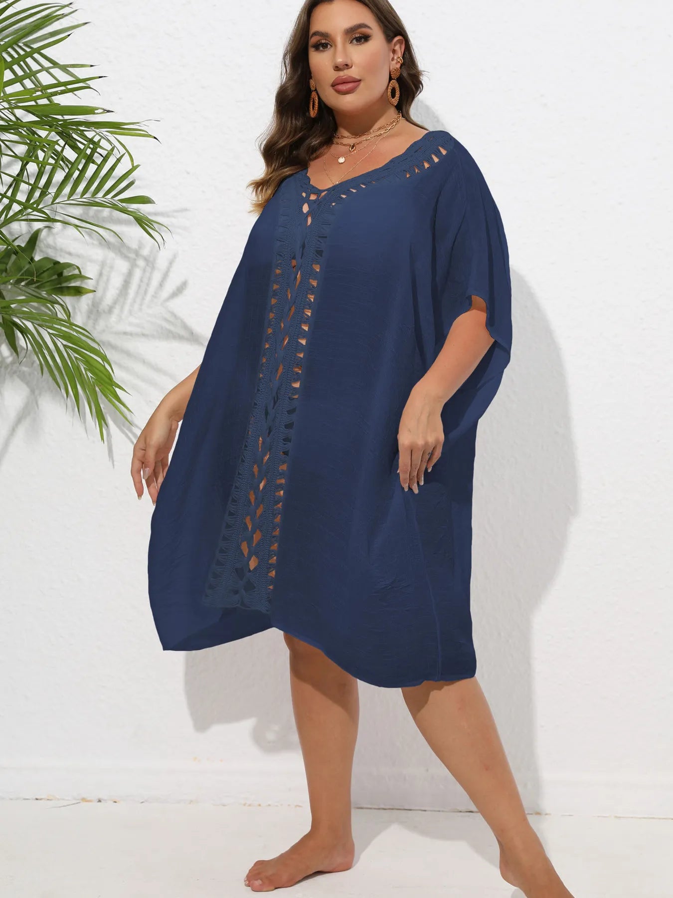 Crochet Trim V-Neck Beach Cover Up Dress - adritiX
