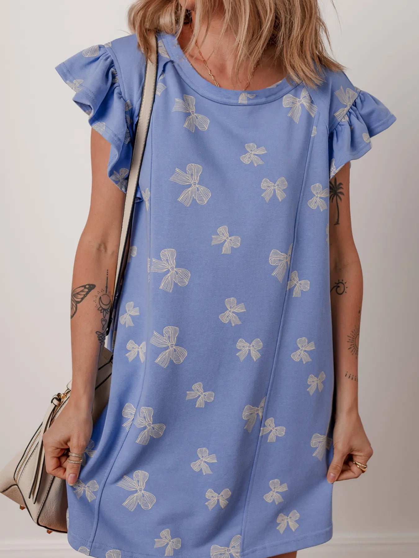 Bow Knot Print Crewneck Ruffled Sleeve Shift Mini Dress - adritiX