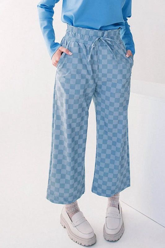 Checkered Elastic High Waist Loose Casual Pants - adritiX