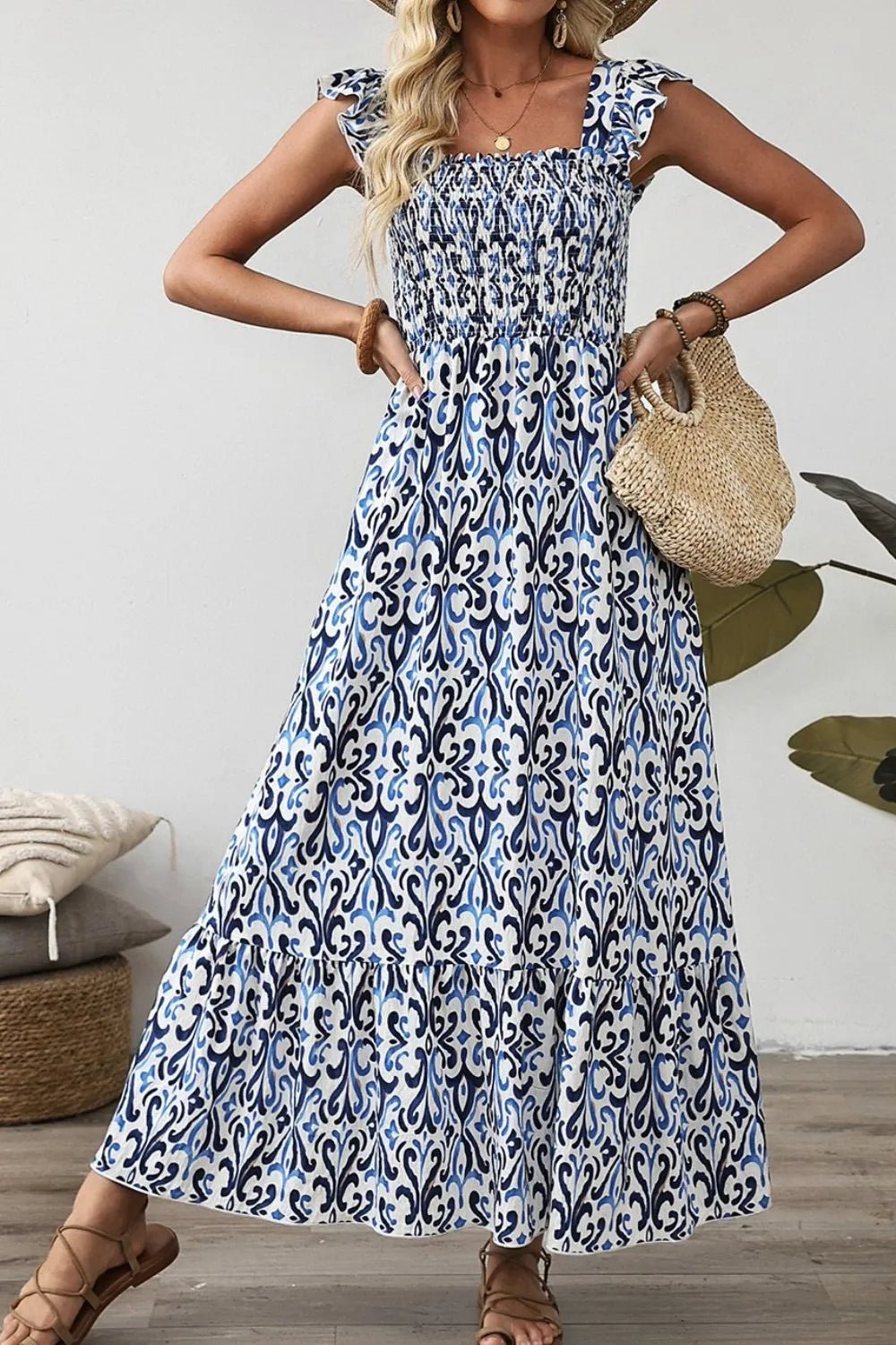 Smocked Printed Square Neck Dress - adritiX