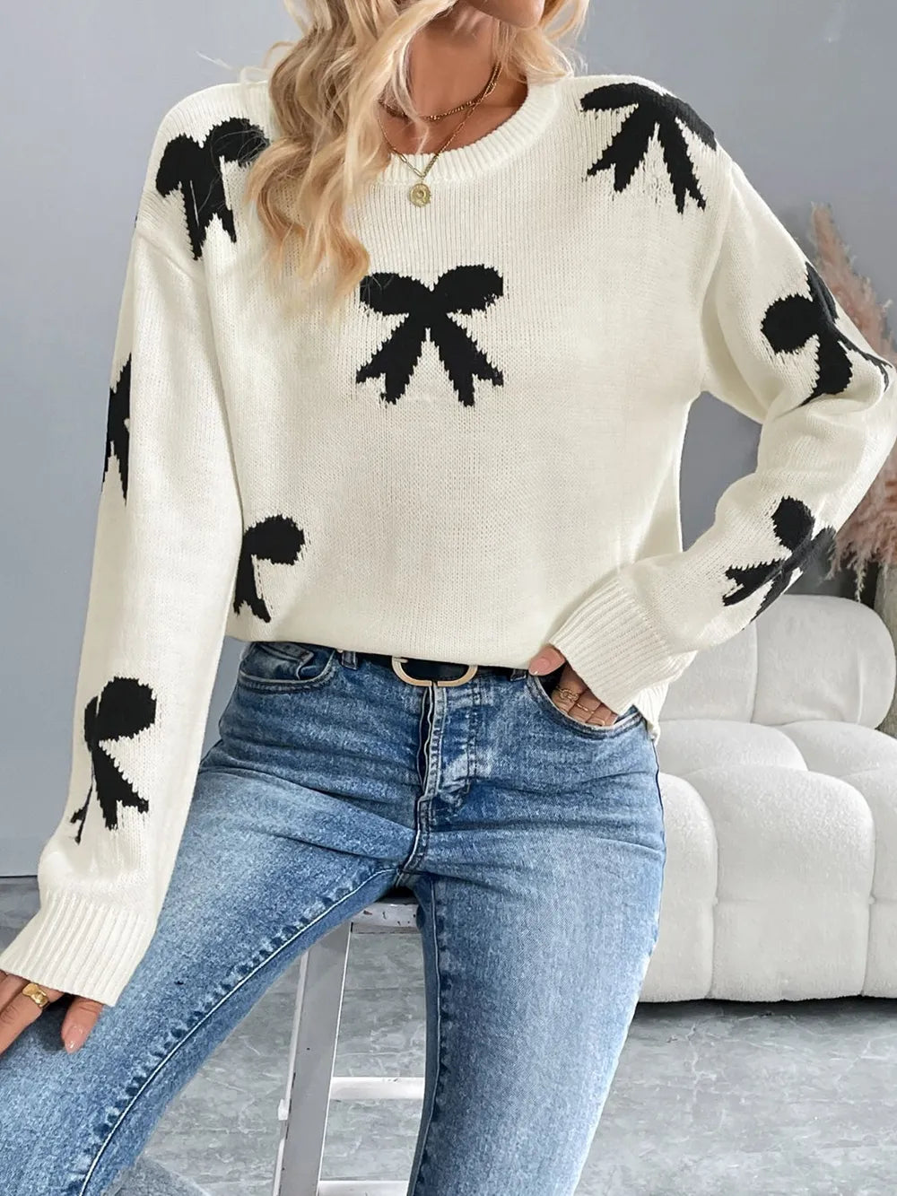 Perfee Bow Graphic Round Neck Long Sleeve Sweater - adritiX