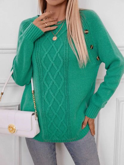 Decorative Button Round Neck Raglan Sleeve Sweater - adritiX