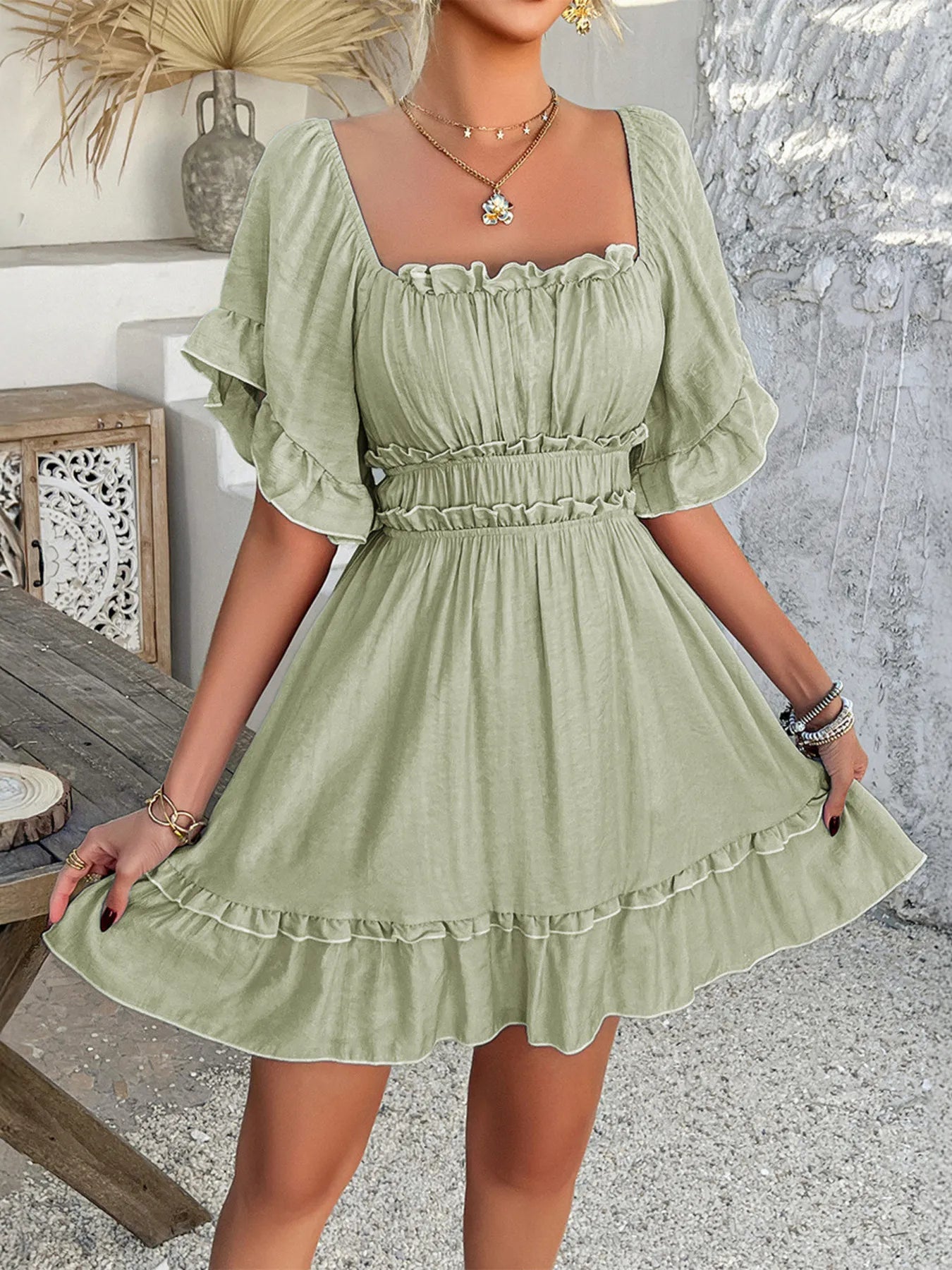 Square Neck Ruffle Trim Mini Dress - adritiX
