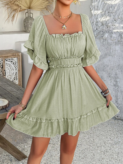 Square Neck Ruffle Trim Mini Dress - adritiX
