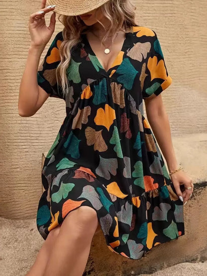 Printed V-neck Short Sleeve Boho Mini Dress - adritiX
