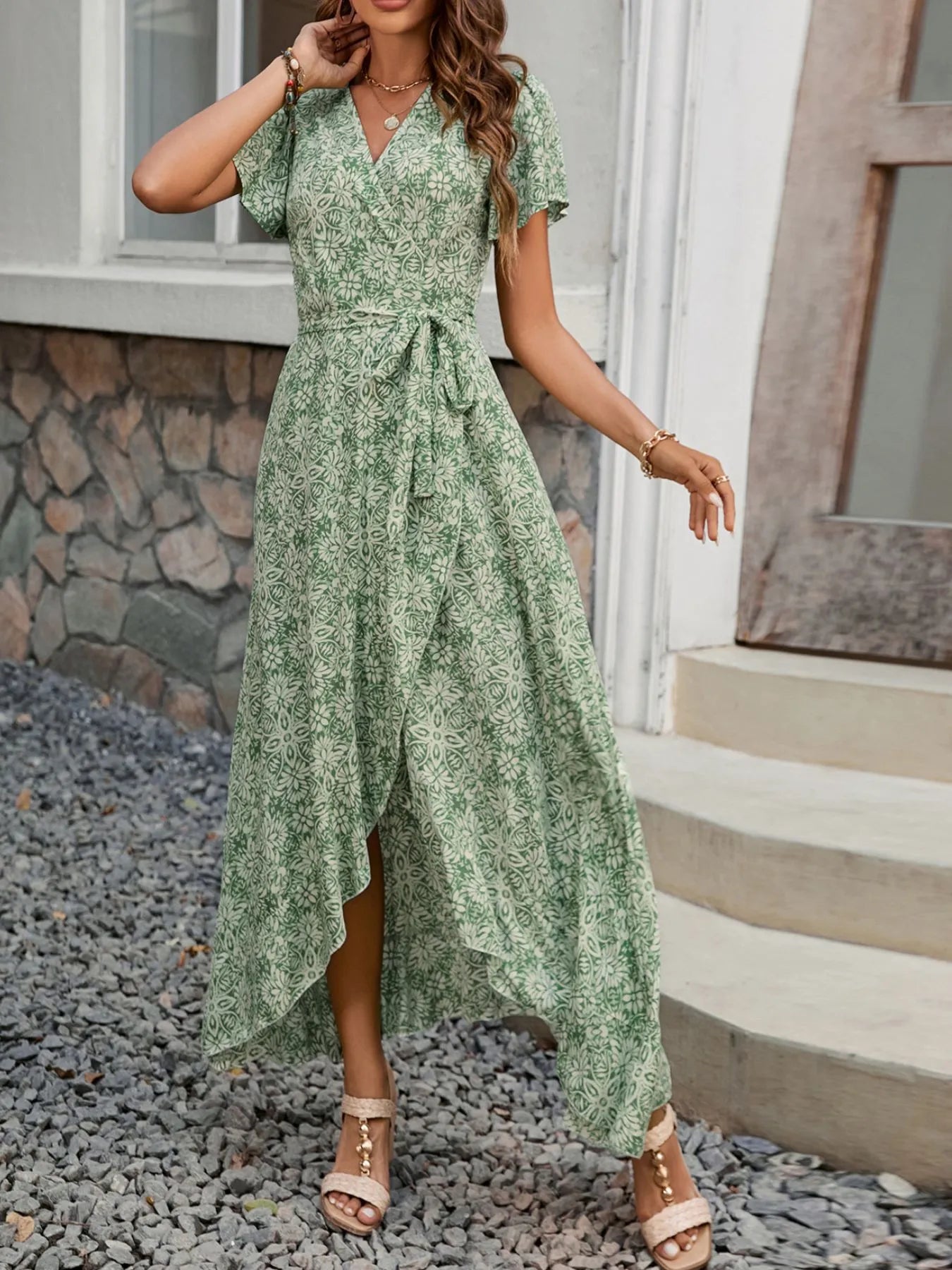 Printed Surplice Maxi Dress with Flutter Sleeves - adritiX