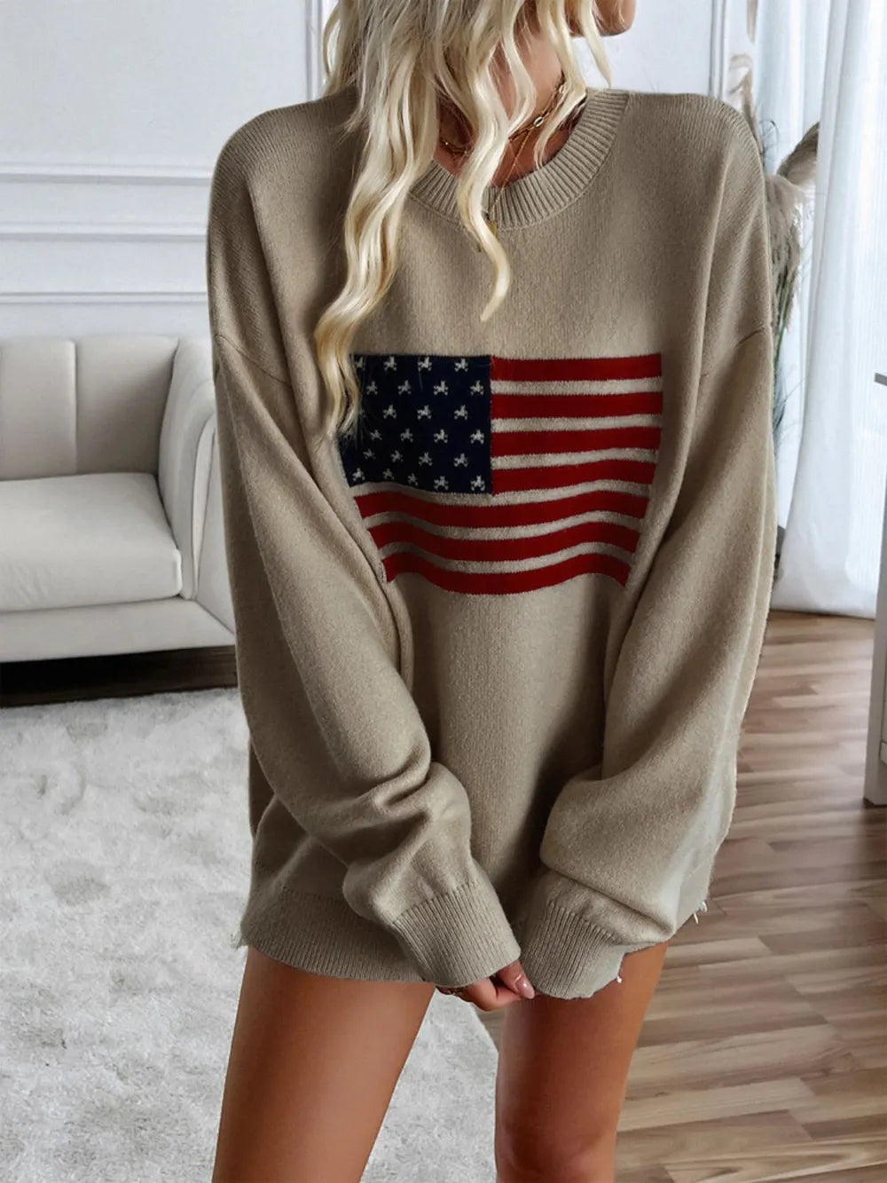 Devine US Flag Round Neck Long Sleeve Knit Top - adritiX