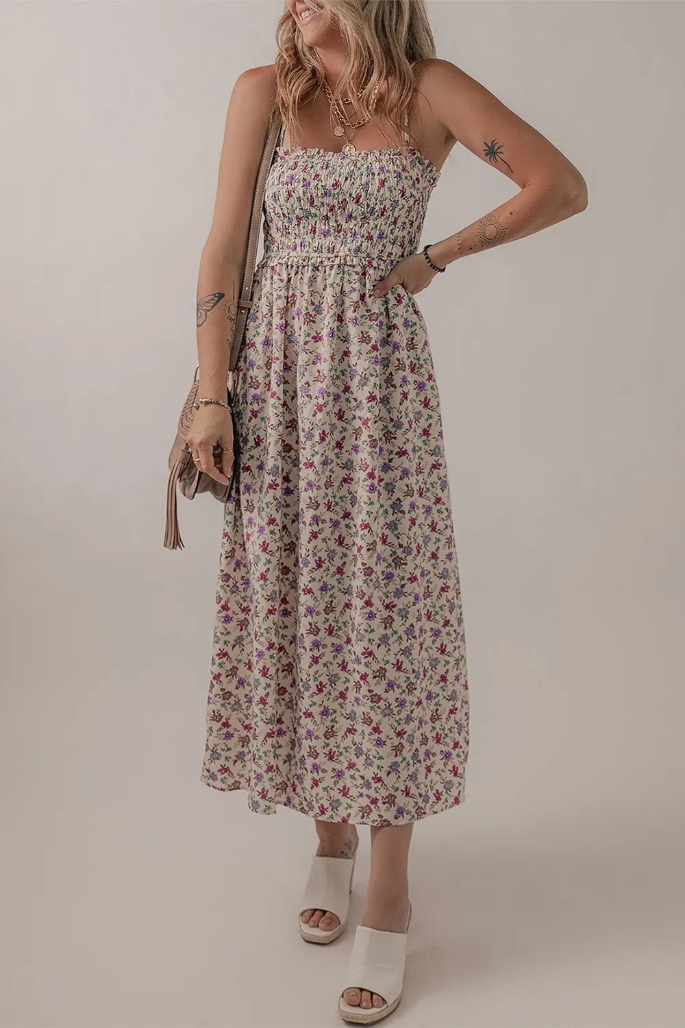 Multicolour Bohemian Ditsy Floral Smocked Fit Flare Sundress - adritiX