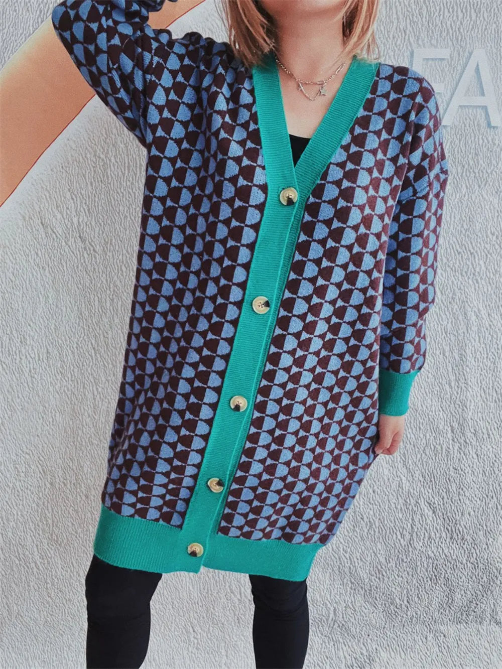 Contrast Trim Geometric Button Down Cardigan - adritiX