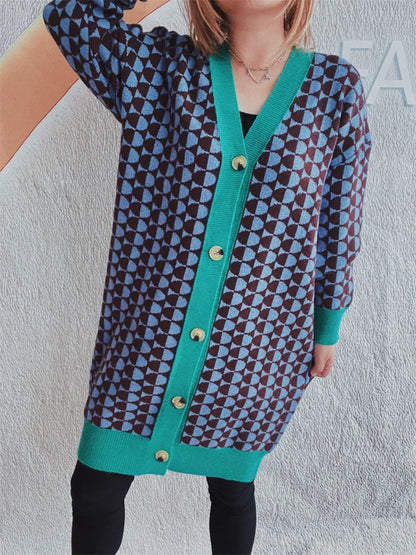 Contrast Trim Geometric Button Down Cardigan - adritiX
